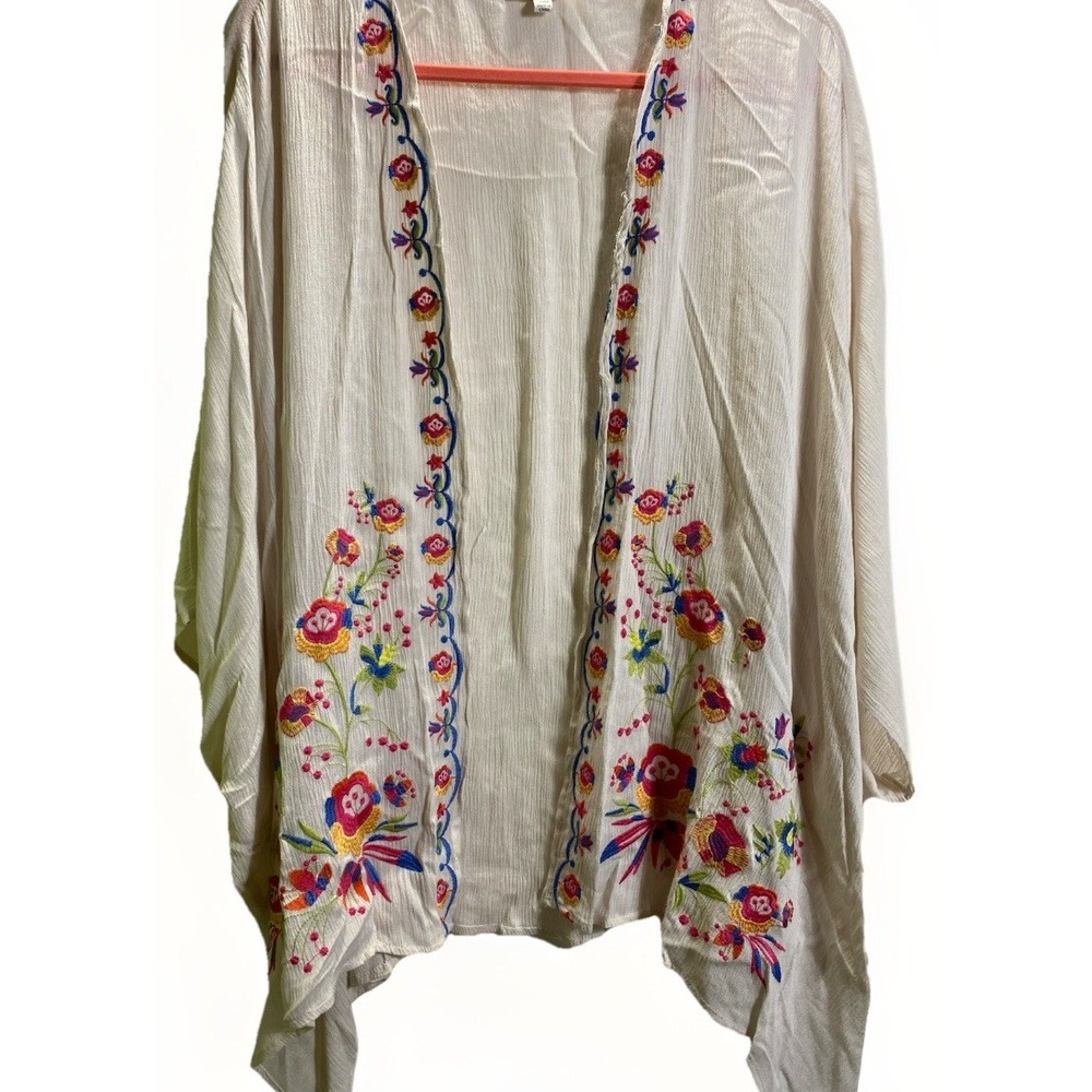 Boho Embroidered Floral Umgee Kimono Oversized S/M‎ Ivory Multicolor Summer Top
